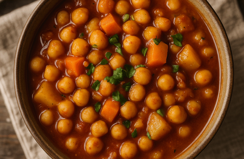 Moroccan Chickpea Stew served in a rustic bowl