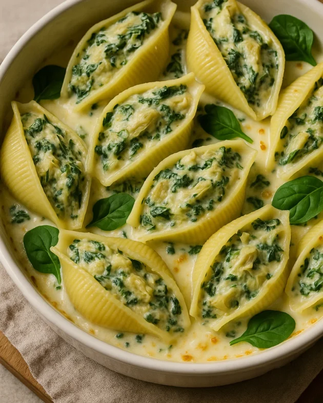 Creamy spinach and artichoke stuffed shells with Alfredo in a baking dish