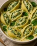 Creamy spinach and artichoke stuffed shells with Alfredo in a baking dish