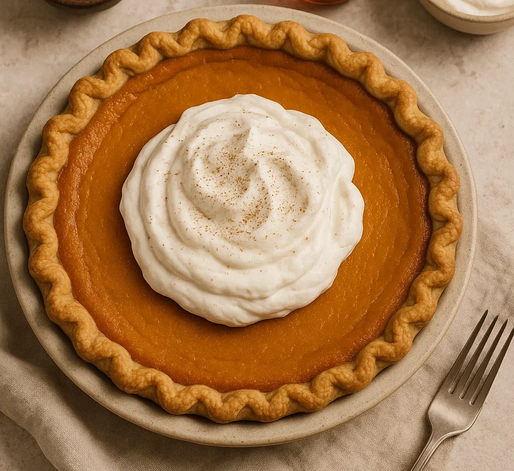 Southern sweet potato pie topped with maple whipped cream