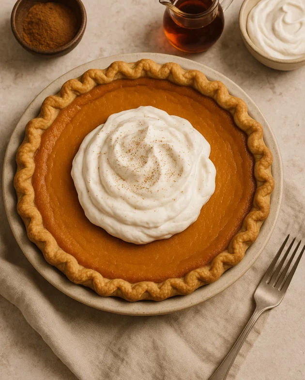 Southern sweet potato pie topped with maple whipped cream