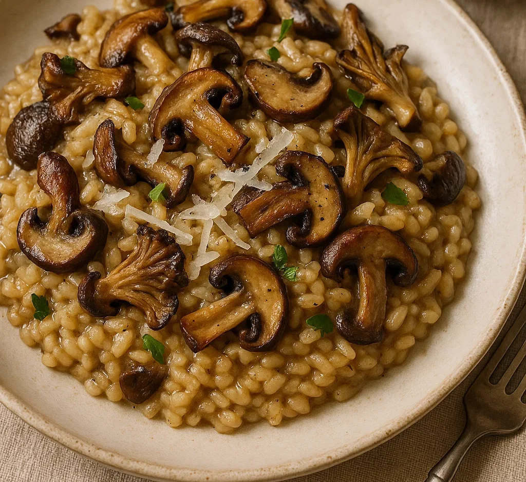 mushroom risotto served with truffle oil and Parmesan cheese