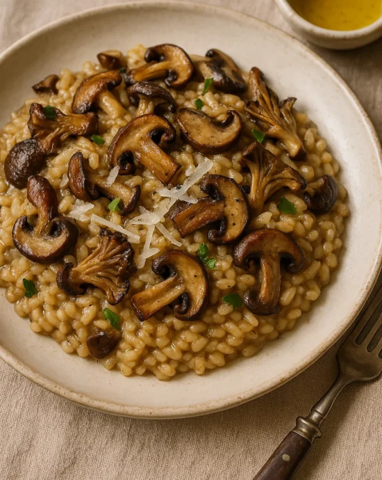 mushroom risotto served with truffle oil and Parmesan cheese