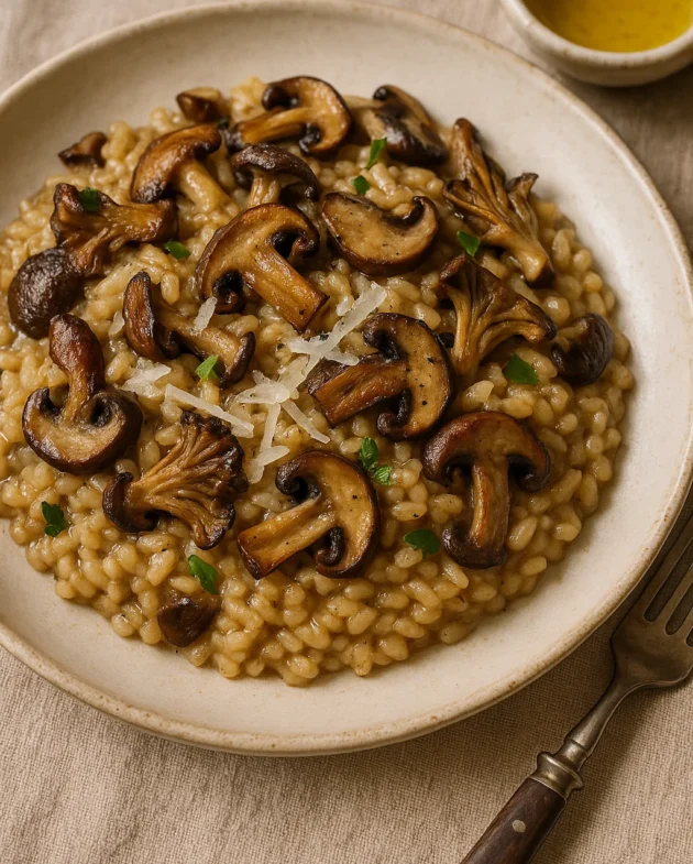 mushroom risotto served with truffle oil and Parmesan cheese