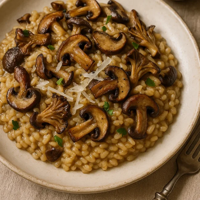 mushroom risotto served with truffle oil and Parmesan cheese