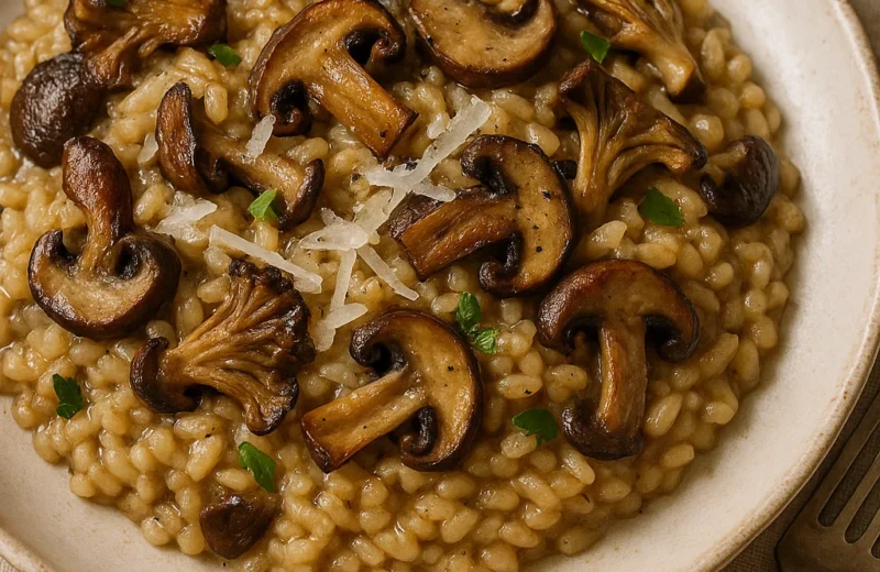 mushroom risotto served with truffle oil and Parmesan cheese
