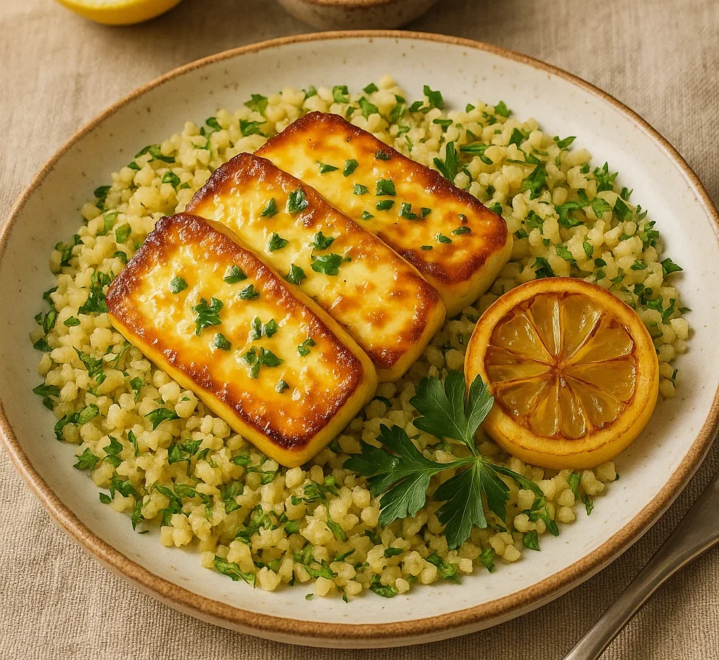 Golden roasted halloumi cheese with lemon glaze over bulgur pilaf, olives, and dill on a ceramic plate
