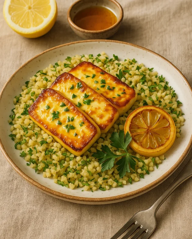 Golden roasted halloumi cheese with lemon glaze over bulgur pilaf, olives, and dill on a ceramic plate