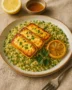 Golden roasted halloumi cheese with lemon glaze over bulgur pilaf, olives, and dill on a ceramic plate