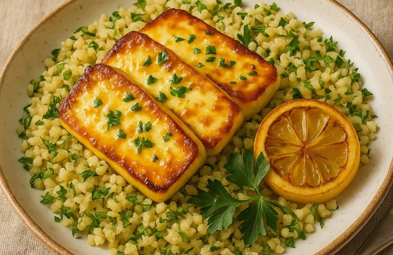 Golden roasted halloumi cheese with lemon glaze over bulgur pilaf, olives, and dill on a ceramic plate