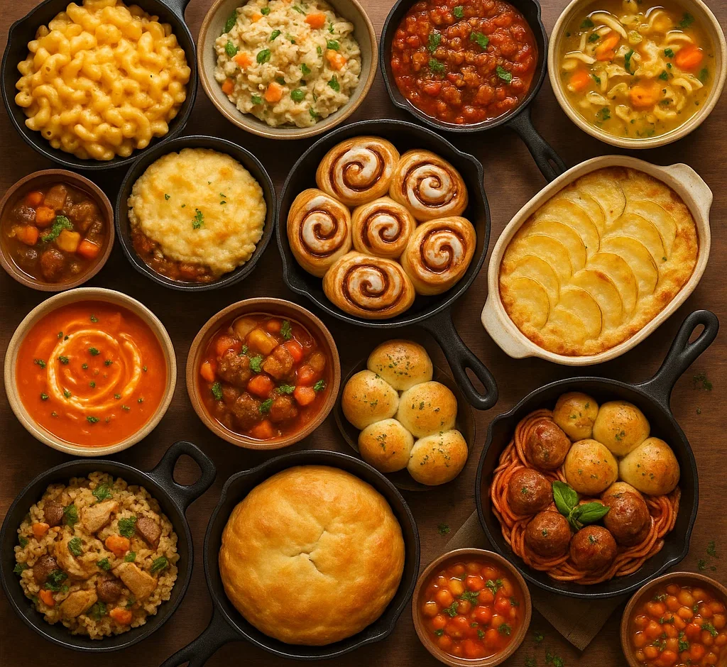 A comforting spread of homemade dishes including mac and cheese, chicken pot pie, and stew served on a rustic table