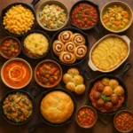 A comforting spread of homemade dishes including mac and cheese, chicken pot pie, and stew served on a rustic table