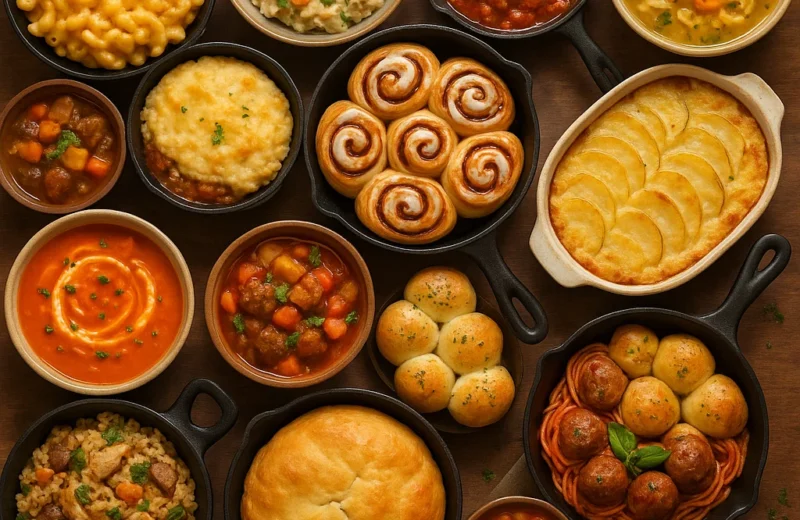 A comforting spread of homemade dishes including mac and cheese, chicken pot pie, and stew served on a rustic table
