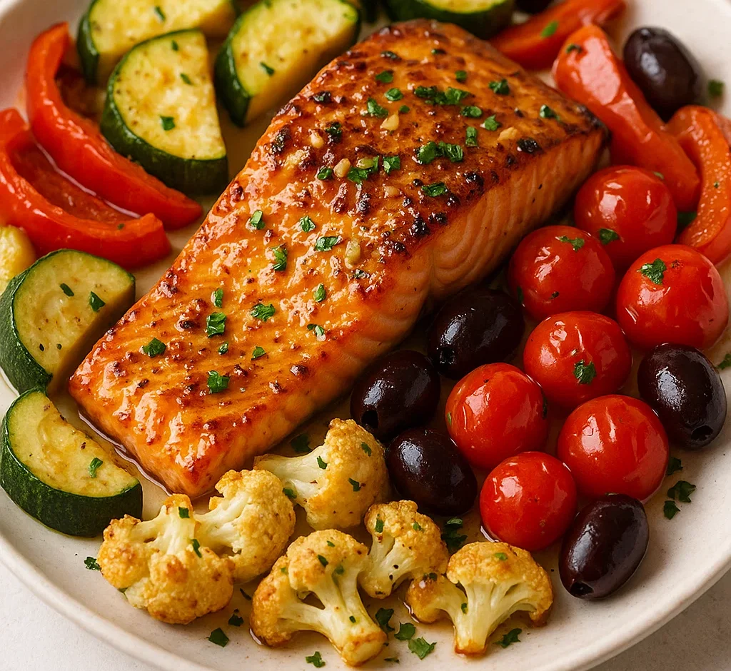 “Mediterranean-style garlic salmon with lemon, herbs, and roasted vegetables”