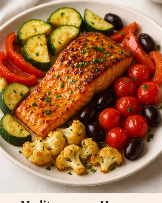 “Mediterranean-style garlic salmon with lemon, herbs, and roasted vegetables”