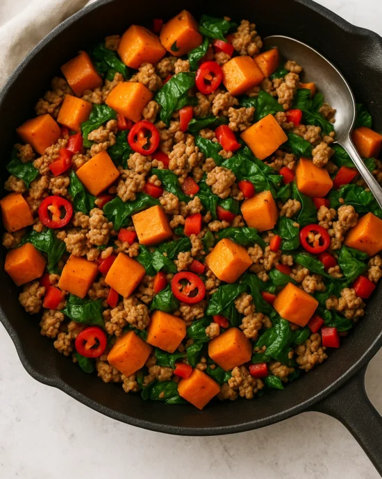Spicy ground turkey and sweet potato skillet in a cast-iron pan with herbs and lime