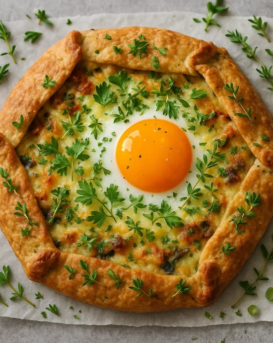 Rustic savory galette with herbs and melted cheese on a wooden serving board