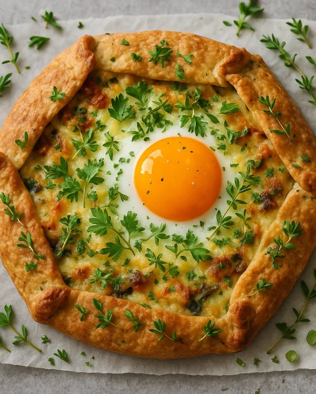 Rustic savory galette with herbs and melted cheese on a wooden serving board
