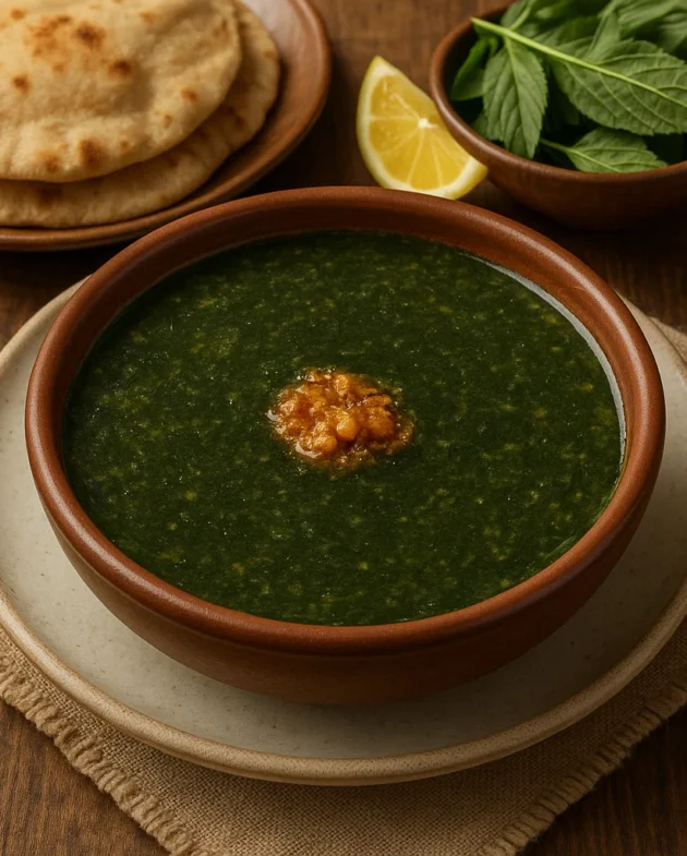 “Authentic Egyptian Molokhia served with rice and roasted chicken on a traditional table setting.”