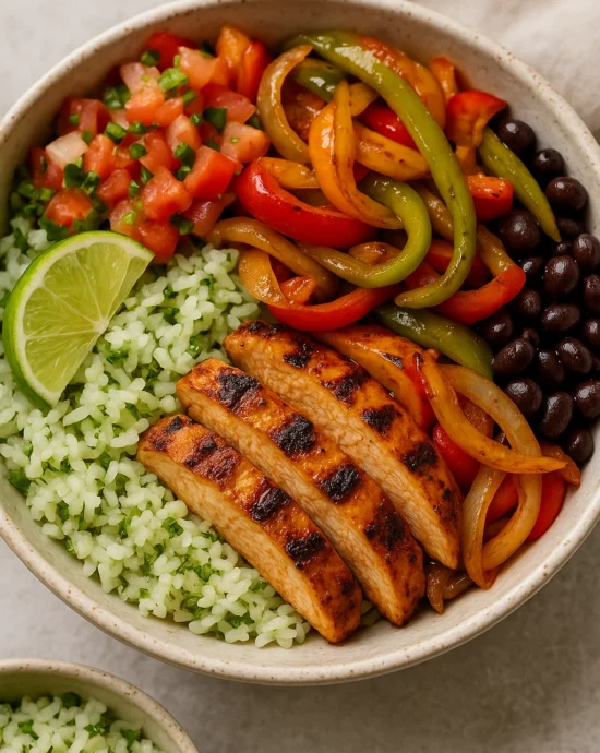 Close-up of charred chicken and peppers in skillet
