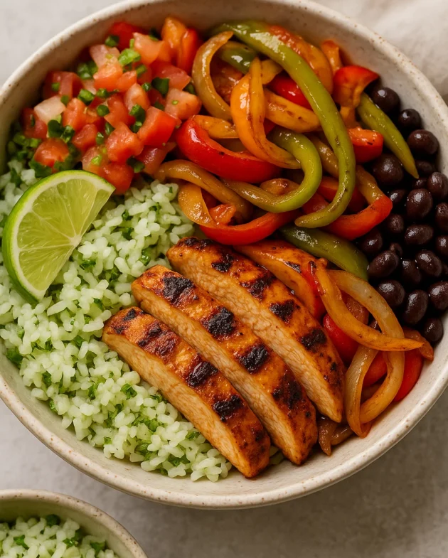 Close-up of charred chicken and peppers in skillet