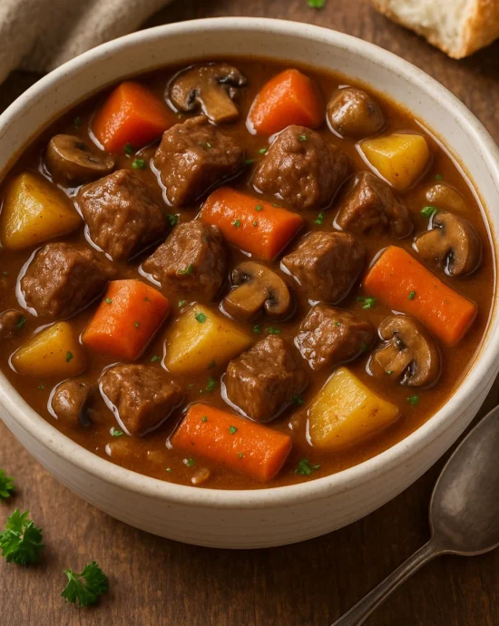 A bowl of classic beef stew with potatoes, carrots, and fresh herbs