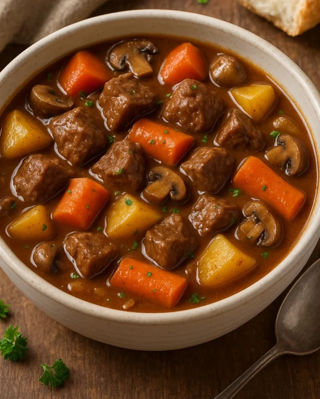 A bowl of classic beef stew with potatoes, carrots, and fresh herbs