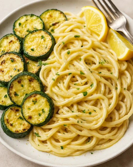 Recipe card showing creamy lemon garlic pasta with roasted zucchini and fresh parsley garnish