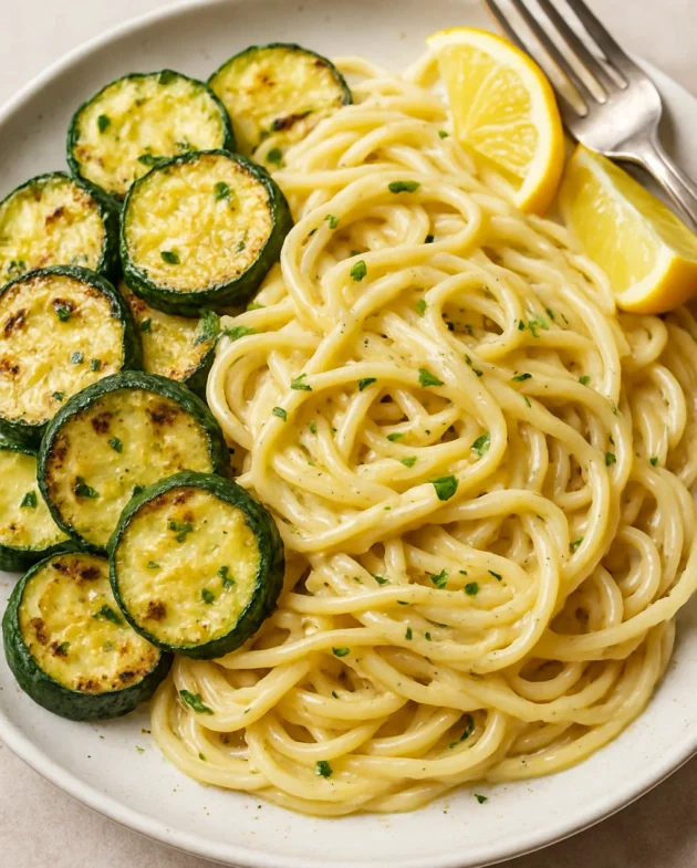 Recipe card showing creamy lemon garlic pasta with roasted zucchini and fresh parsley garnish