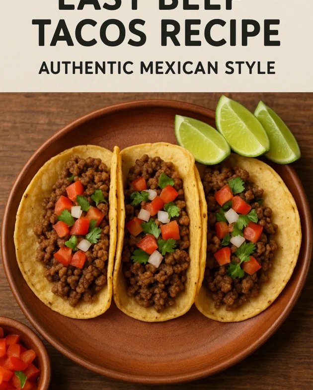"Delicious beef tacos with fresh toppings on corn tortillas served on white plate"