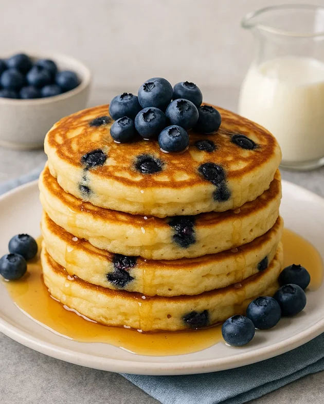 Stack of fluffy blueberry buttermilk pancakes topped with fresh blueberries and maple syrup