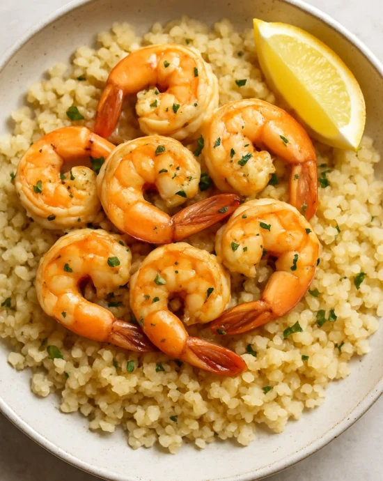 Plated garlic butter shrimp served over seasoned cauliflower rice with herbs and lemon slices