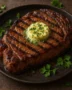 Juicy grilled ribeye steak topped with melting garlic herb butter
