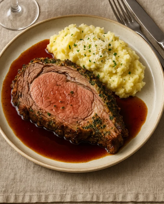 Slow-roasted herb-crusted prime rib sliced with red wine jus and creamy truffle parmesan mashed potatoes on a white serving platter