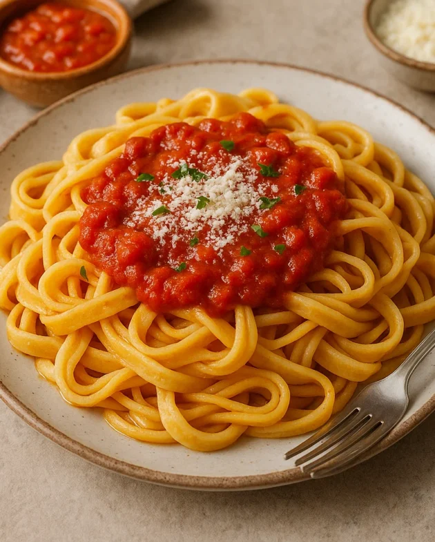Homemade fresh pasta topped with authentic Italian marinara sauce