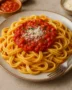 Homemade fresh pasta topped with authentic Italian marinara sauce