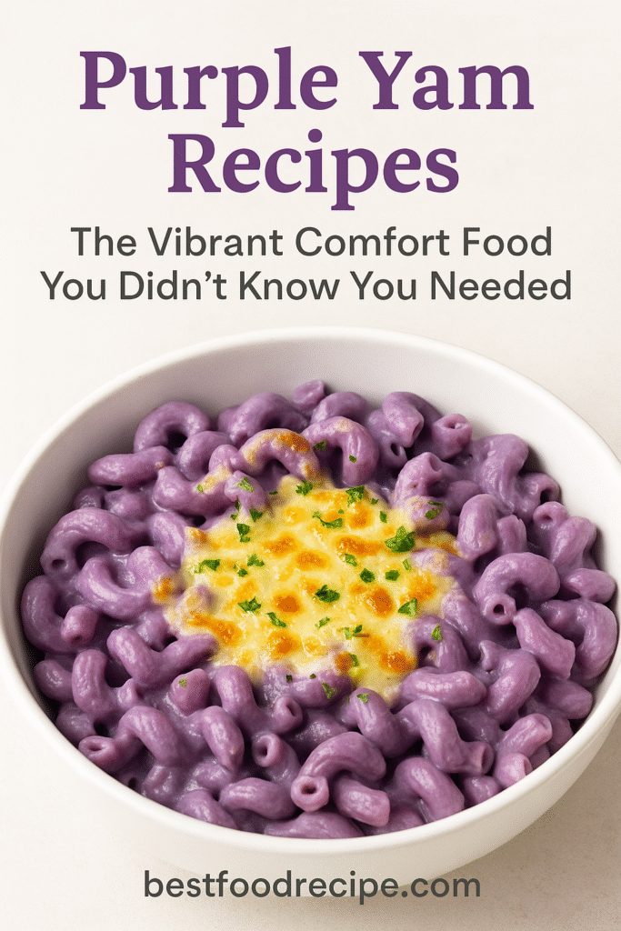 “Creamy purple yam mac and cheese served hot with melted gouda on top”