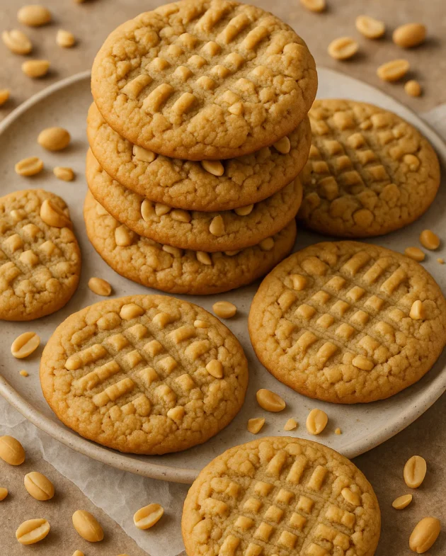 Soft and chewy peanut butter cookies stacked on a baking tray