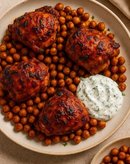 Recipe card for Spicy Harissa Chicken Thighs with Roasted Chickpeas and Herbed Yogurt Sauce