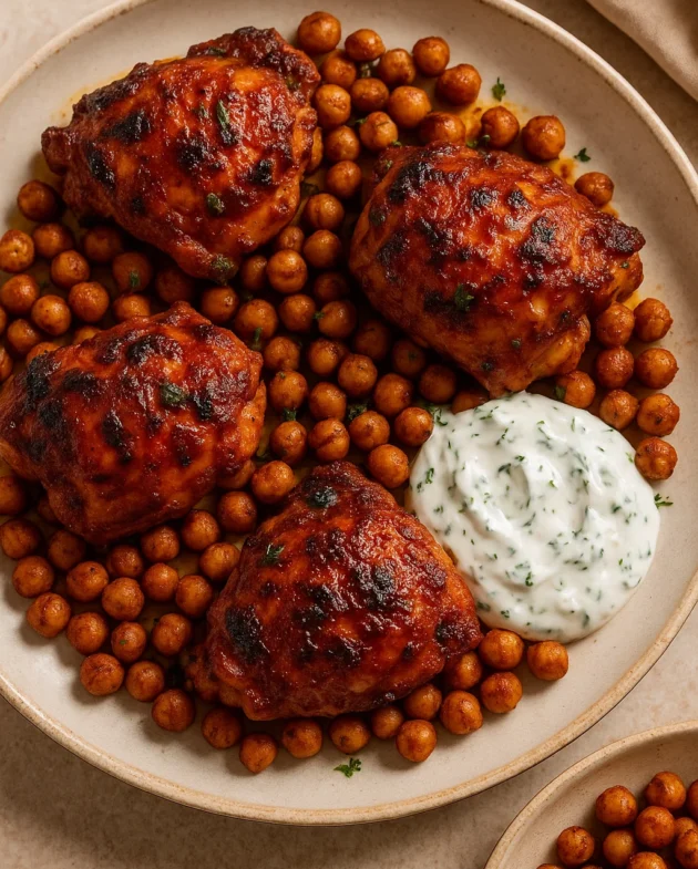 Recipe card for Spicy Harissa Chicken Thighs with Roasted Chickpeas and Herbed Yogurt Sauce